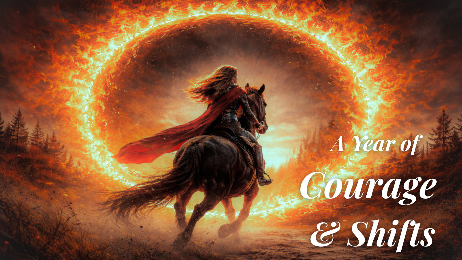 Fiery horse running through a solar eclipse ring symbolizing Year of the Fire Horse 2026 divine momentum