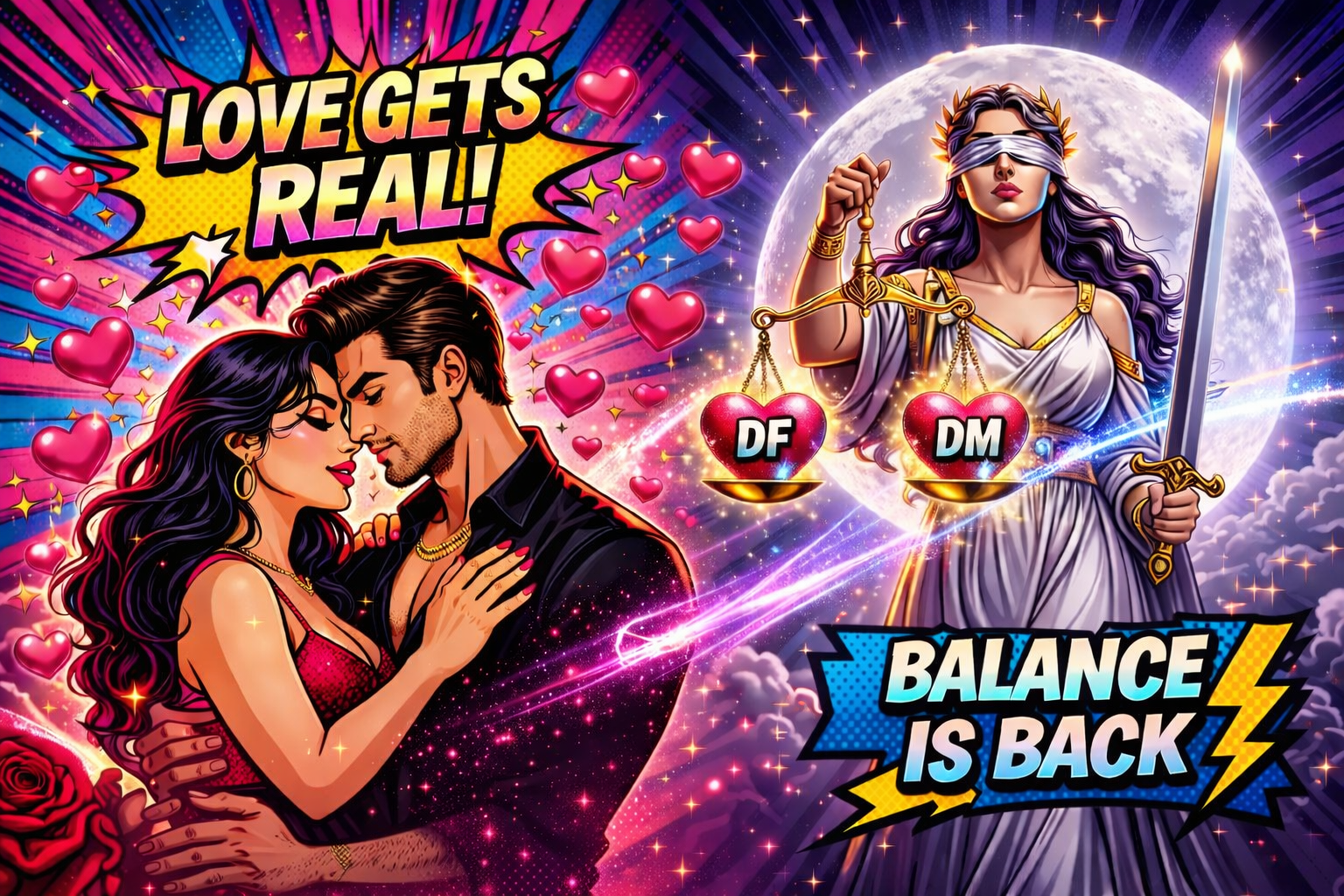 Pop art illustration of a romantic couple and justice goddess representing Venus in Taurus and Libra Full Moon energy