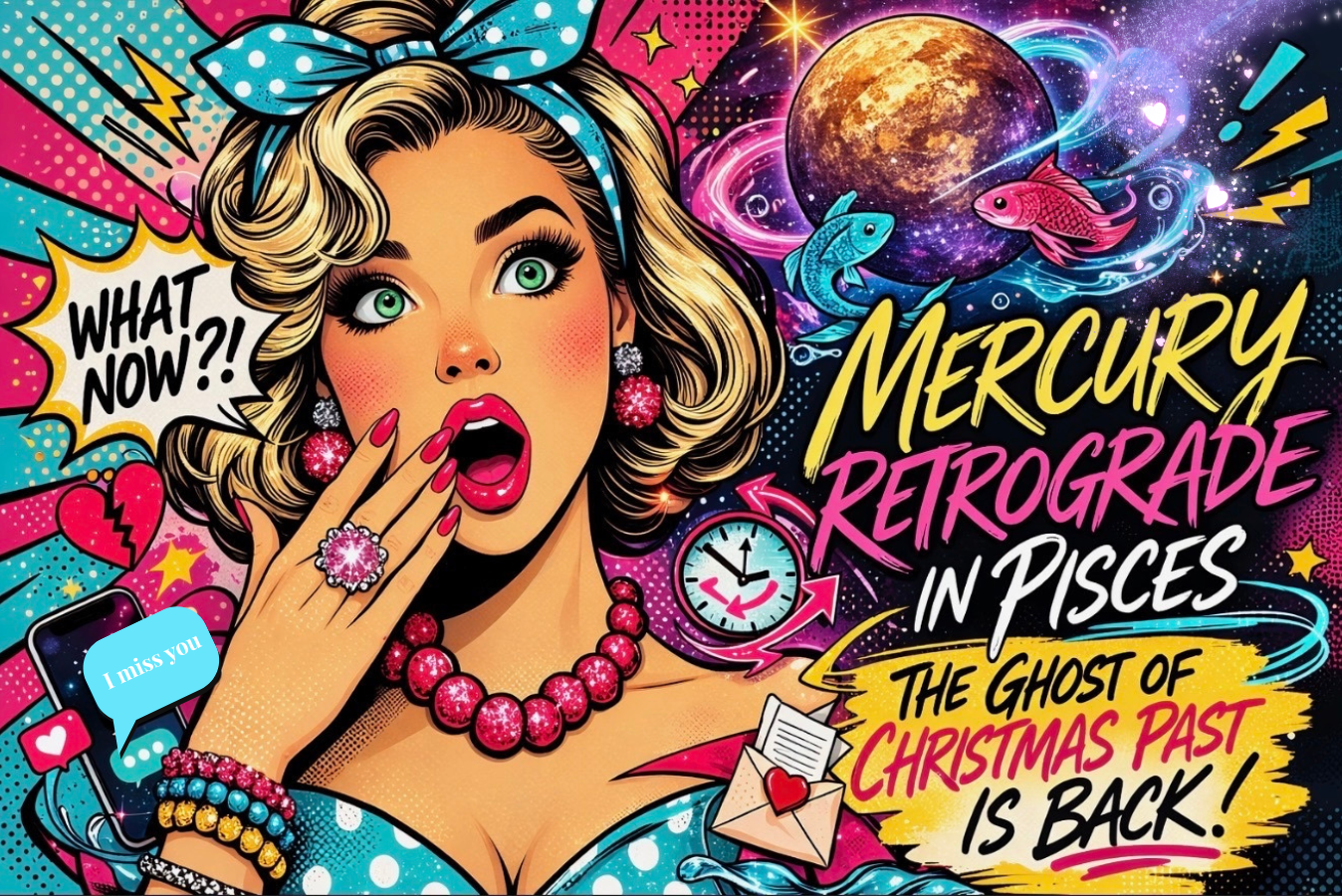 Mercury retrograde in Pisces pop art illustration for Spill the Cosmic Tea astrology blog