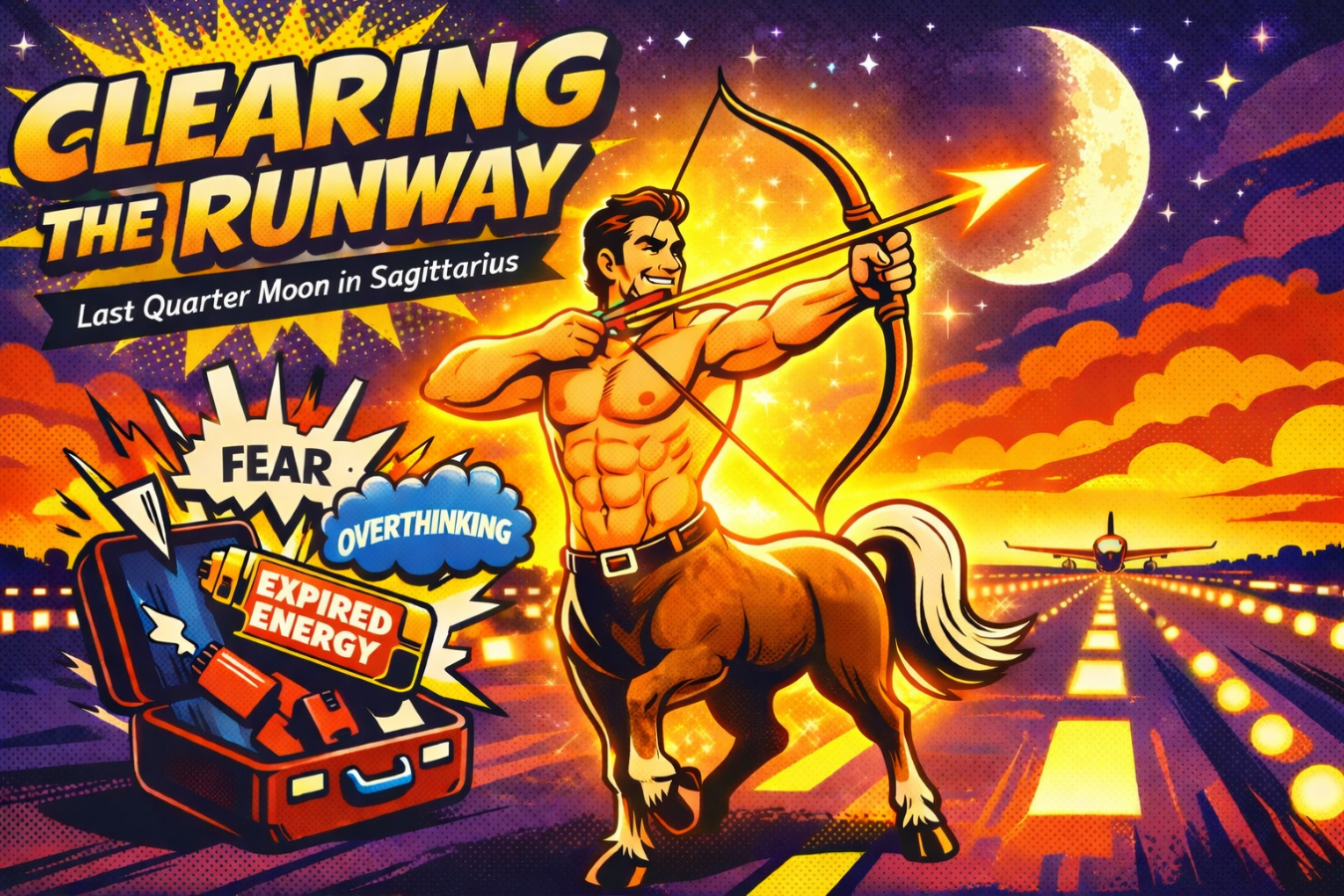 Pop art Sagittarius centaur archer on an airport runway clearing old baggage under the Last Quarter Moon in Sagittarius.