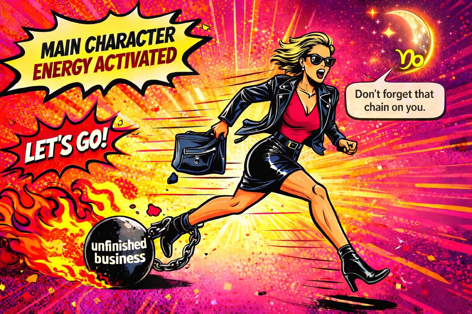 Pop art illustration of a woman running forward with flames behind her while dragging a chain labeled unfinished business, representing Mars in Aries energy and the Capricorn Moon