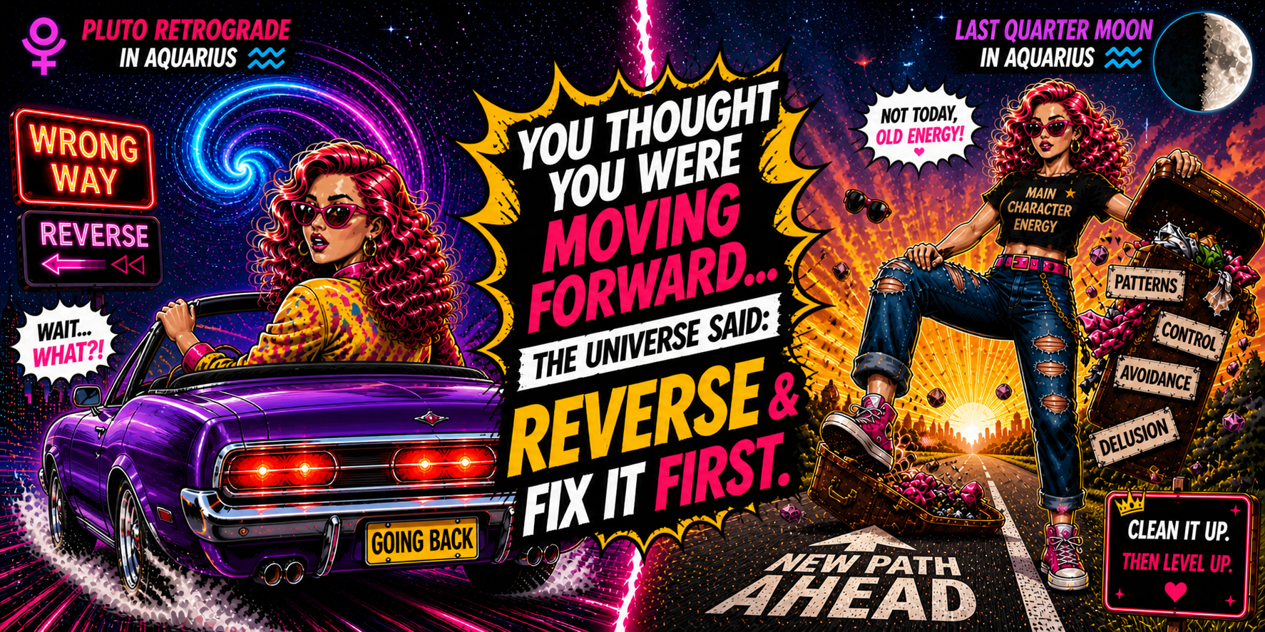 Pop art illustration of Pluto Retrograde in Aquarius and Last Quarter Moon in Aquarius showing a woman reversing a car and forcefully clearing old patterns before moving forward