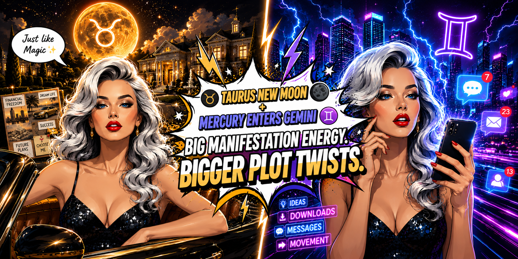 Taurus New Moon and Mercury Enters Gemini pop art cosmic astrology illustration
